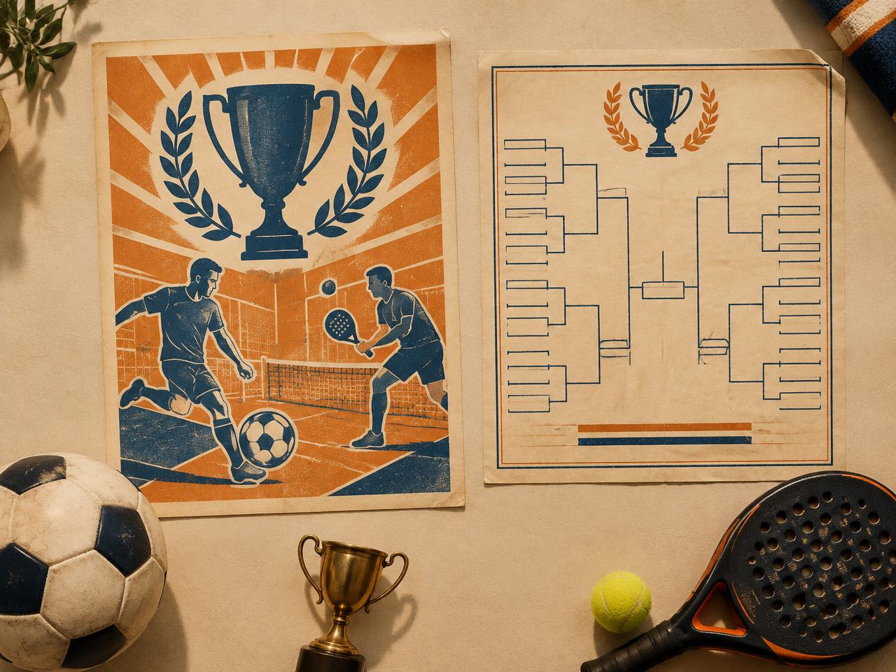 Cartel de torneo y hoja de llaves de eliminatoria con trofeo, balón y raqueta de pádel